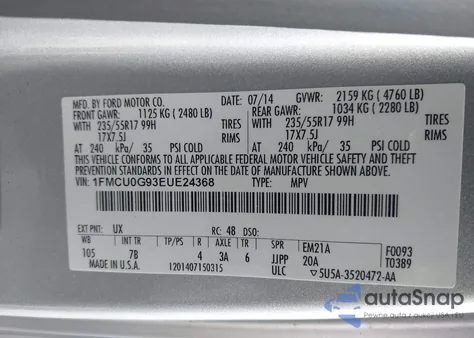 2014 Ford Escape Se from USA, damaged, VIN 1FMCU0G93EUE24368